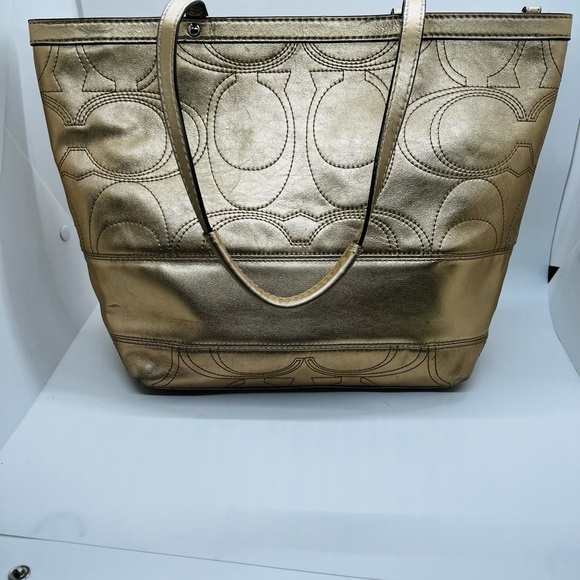 Coach Metallic Gold Signature Stitched Leather Tote For Women EUC - Picture 9 of 9